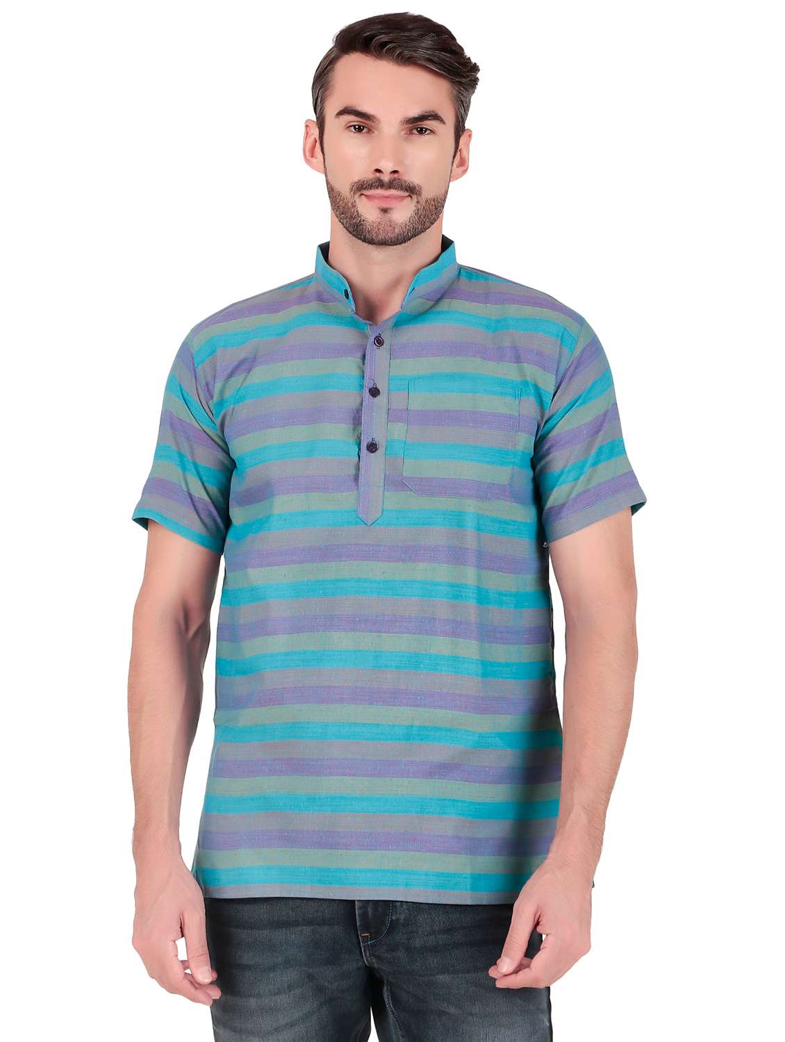 men striped short sleeves short kurta