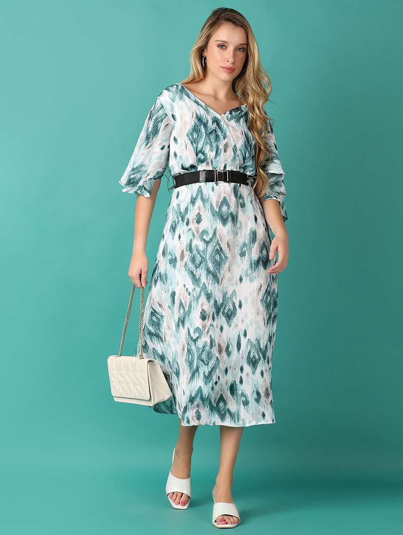 women printed v neck a-line dress