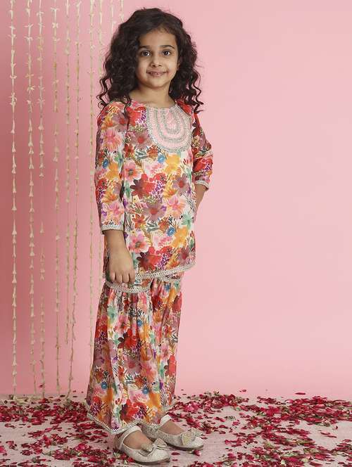 girls multi coloured silk blend kurta sharara set - 21509676 - Standard Image - 0