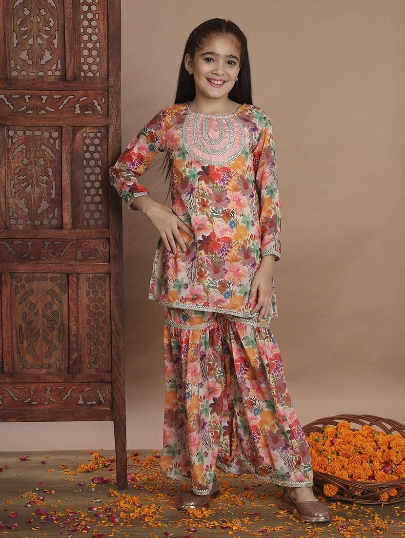 girls multi coloured silk blend kurta sharara set - 21509676 - Standard Image - 3