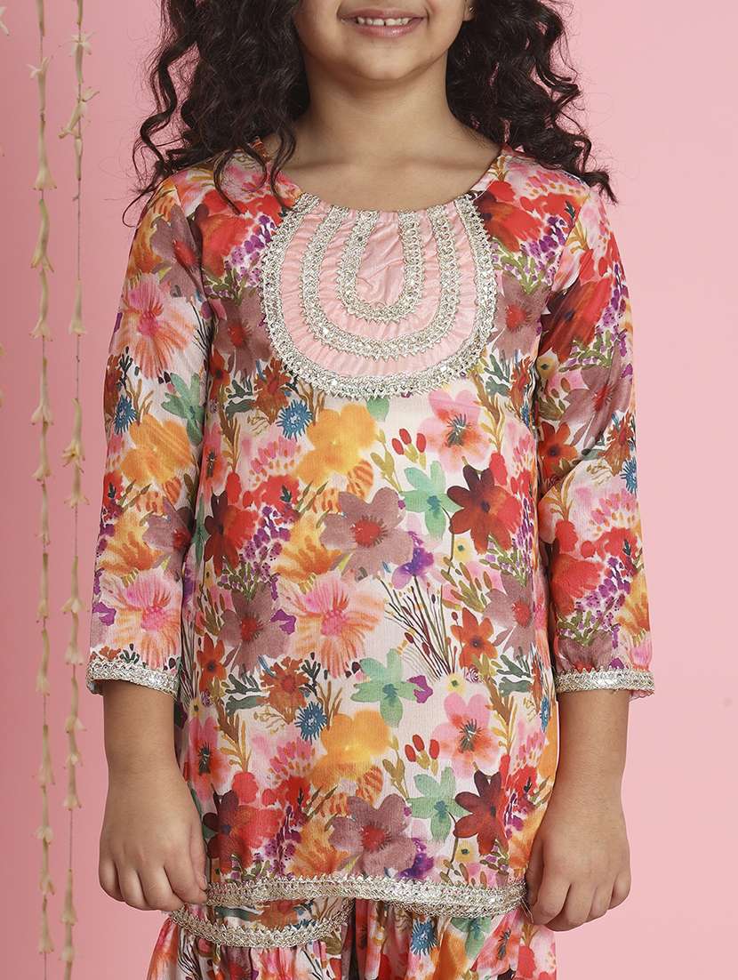 girls multi coloured silk blend kurta sharara set - 21509676 - Standard Image - 5