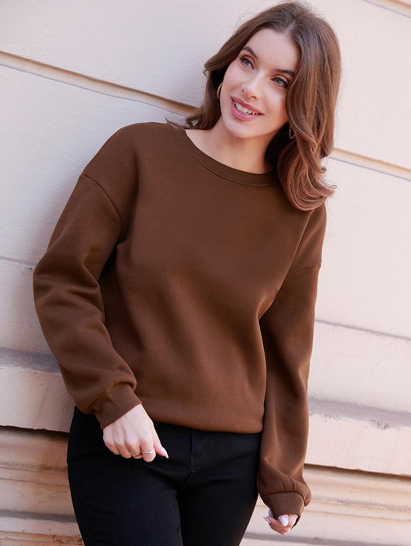 women brown fleece plain sweatshirt - 21509910 -  Zoom Image - 0