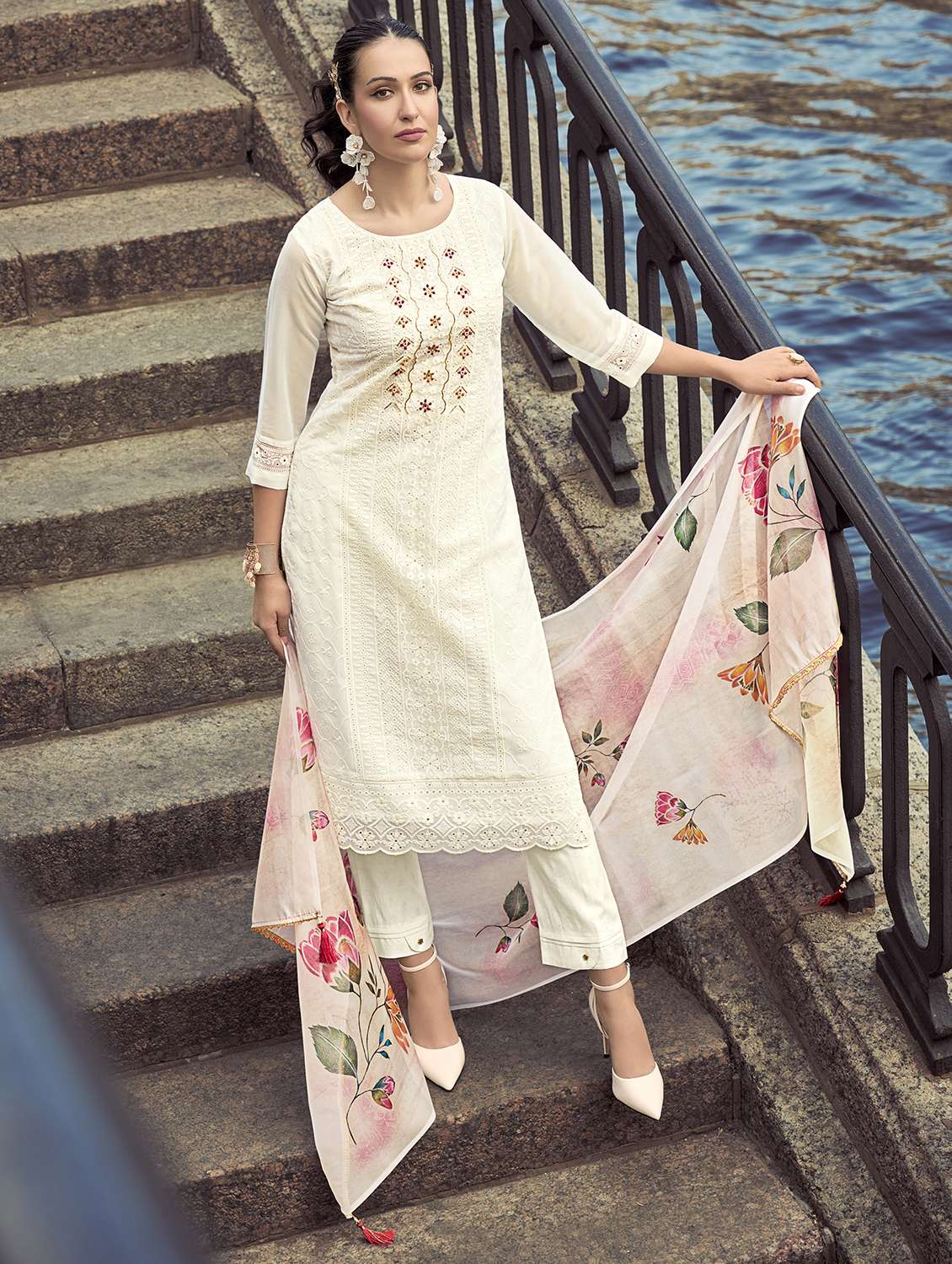 women three quarter sleeve kurta pant with dupatta set - 21510315 - Zoom Image - 0