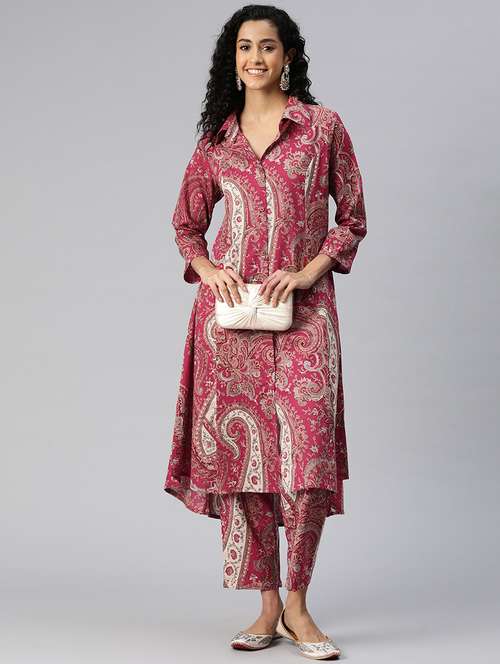 women shirt collar printed kurta pant set - 21510341 - Standard Image - 0