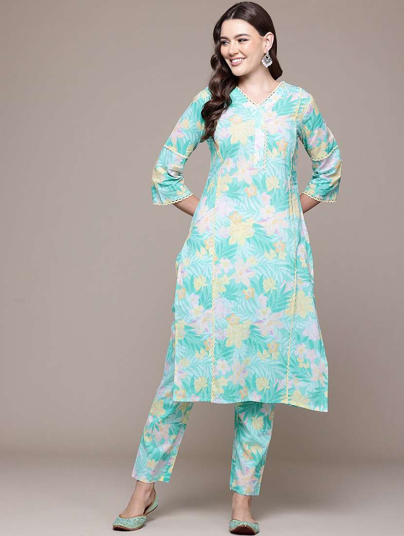 women v neck printed kurta pant set