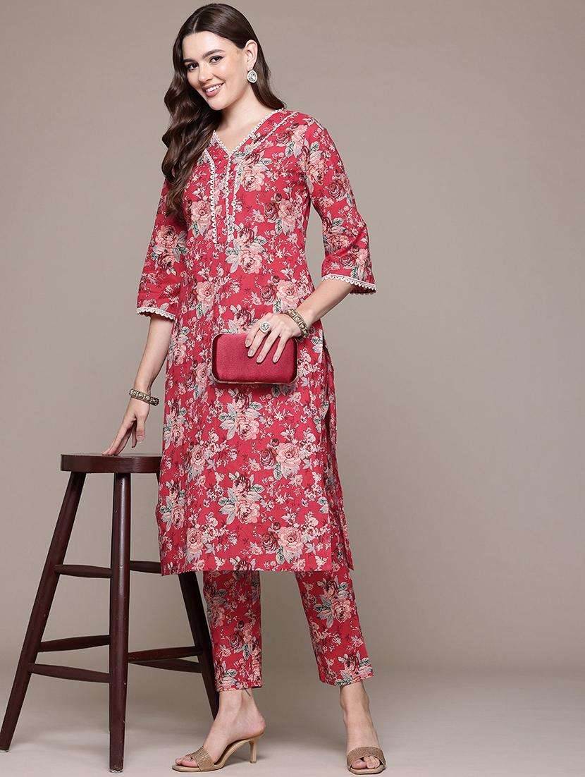 women v neck floral kurta pant set