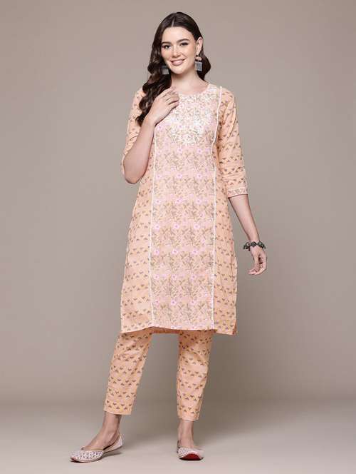 women round neck printed kurta pant set - 21510395 -  Standard Image - 0