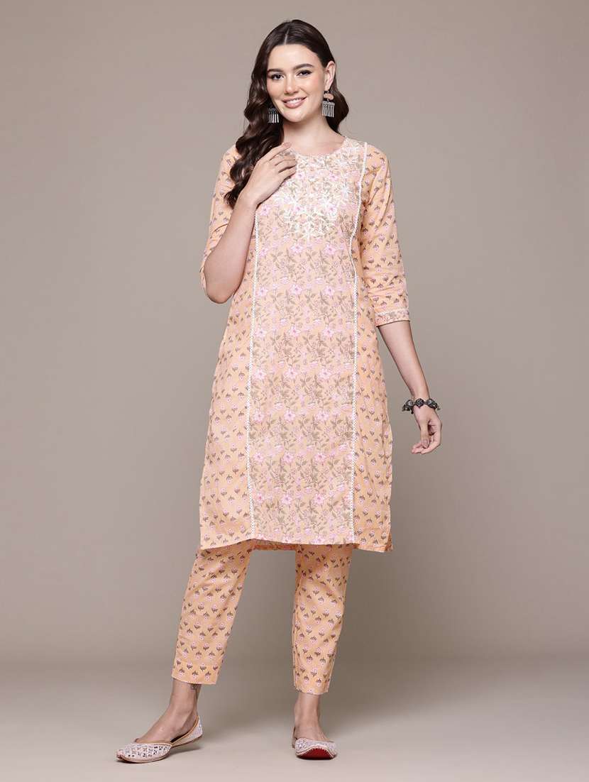 women round neck printed kurta pant set