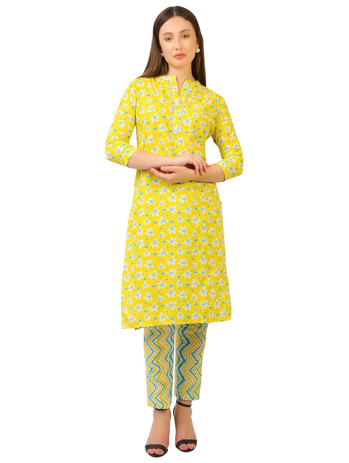 women yellow cotton straight kurta