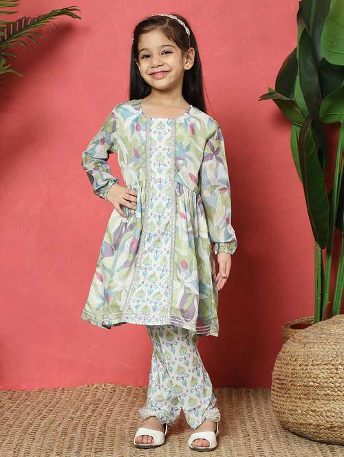 girls green cotton kurta pant set  - 21510503 -  Standard Image - 0