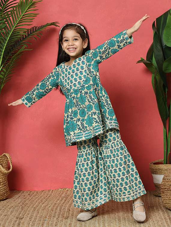 girls turquoise cotton kurta sharara set - 21510521 -  Standard Image - 3