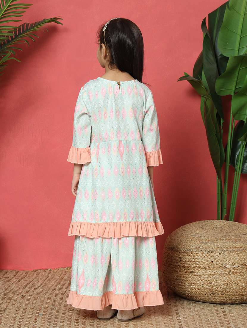 girls sea green cotton kurta sharara set - 21510522 -  Standard Image - 3