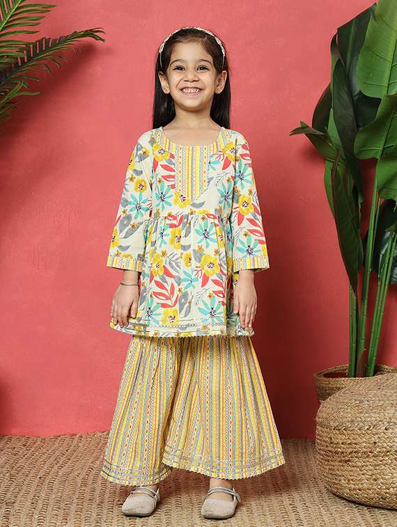 girls off white cotton kurta sharara set