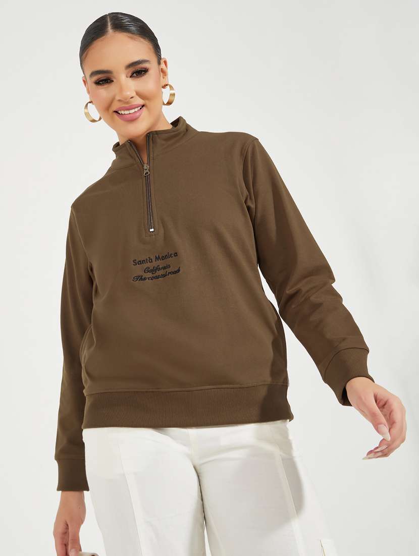 women brown front print sweatshirt