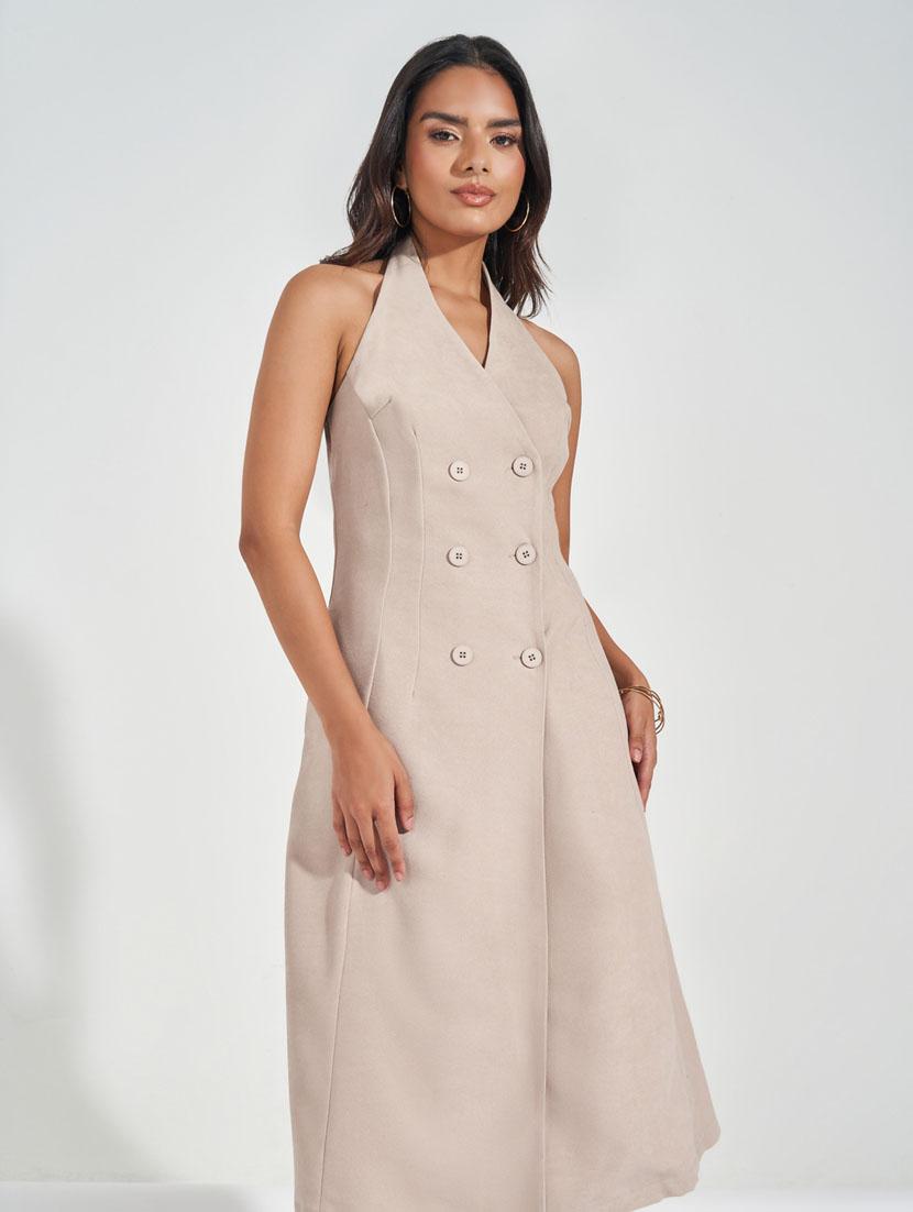 women solid halter neck sleeveless coatdress - 21510688 - Standard Image - 3