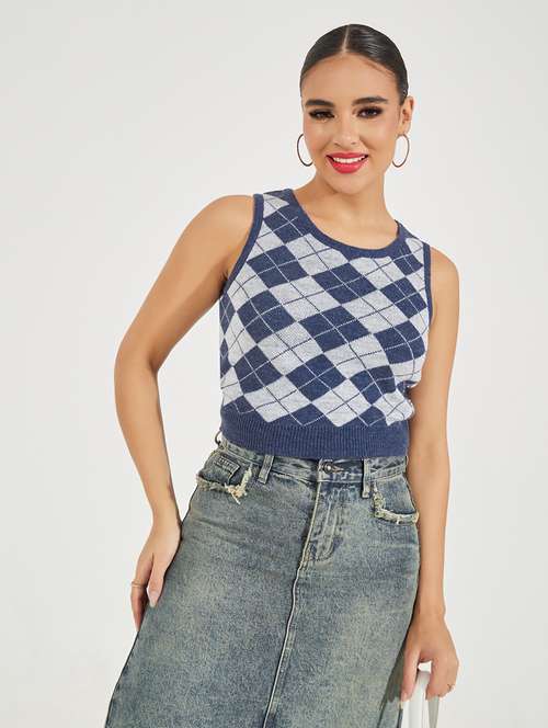 women blue checkered sleeveless pullover - 21510708 -  Standard Image - 0