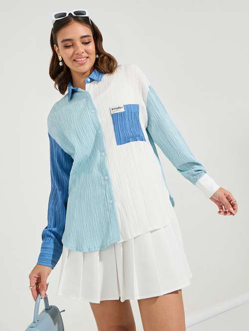 women collared color block oversized shirt - 21510743 - Standard Image - 0