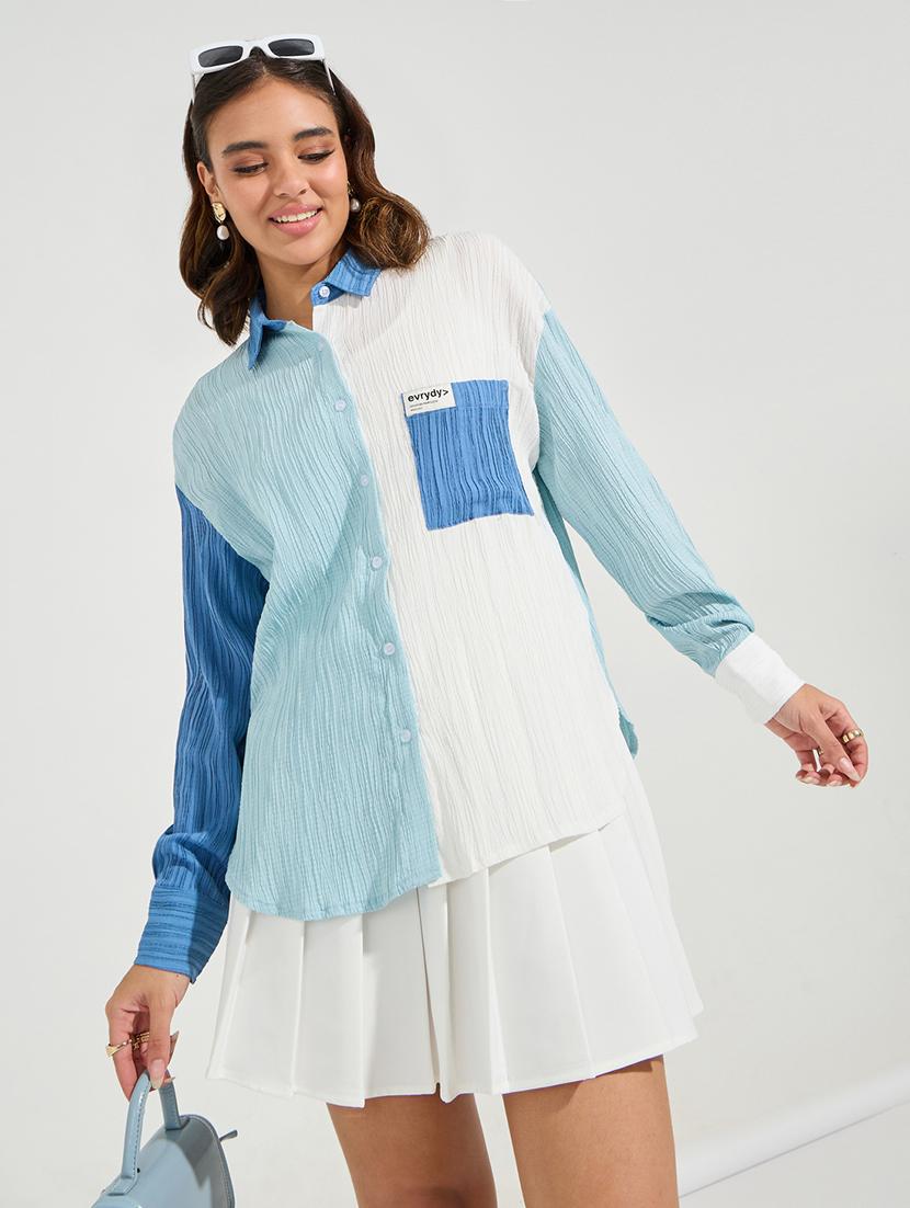 women collared color block oversized shirt