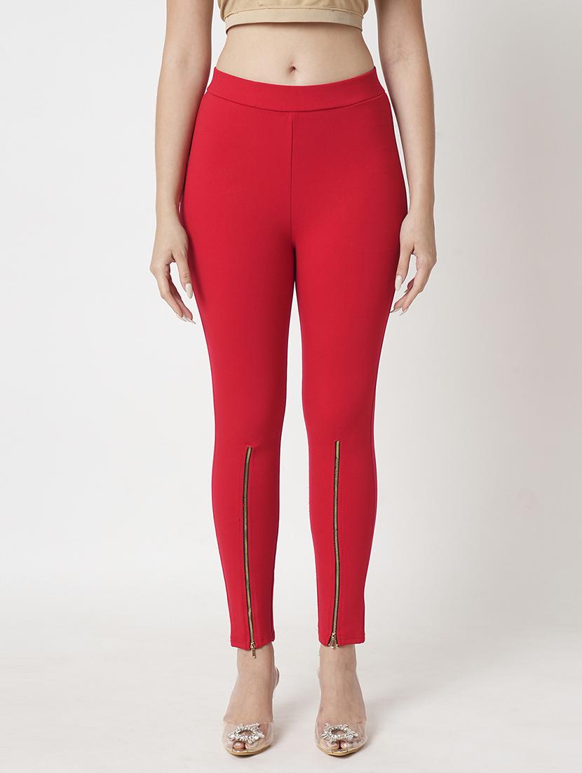 women's red solid stretchable zipper detail skinny fit workwear treggings - 21511017 - Zoom Image - 0