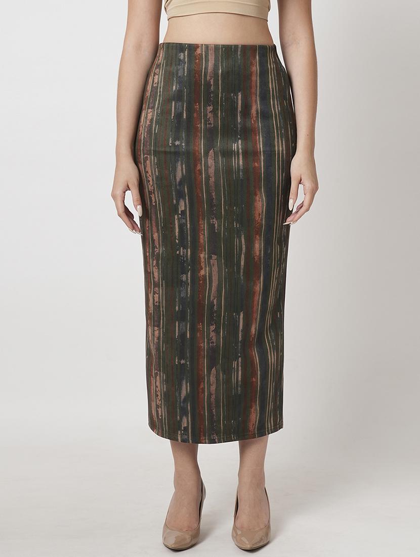 globus women dark olive high rise stretchable hazzy print back slit workwear midi pencil skirt - 21511023 -  Zoom Image - 0
