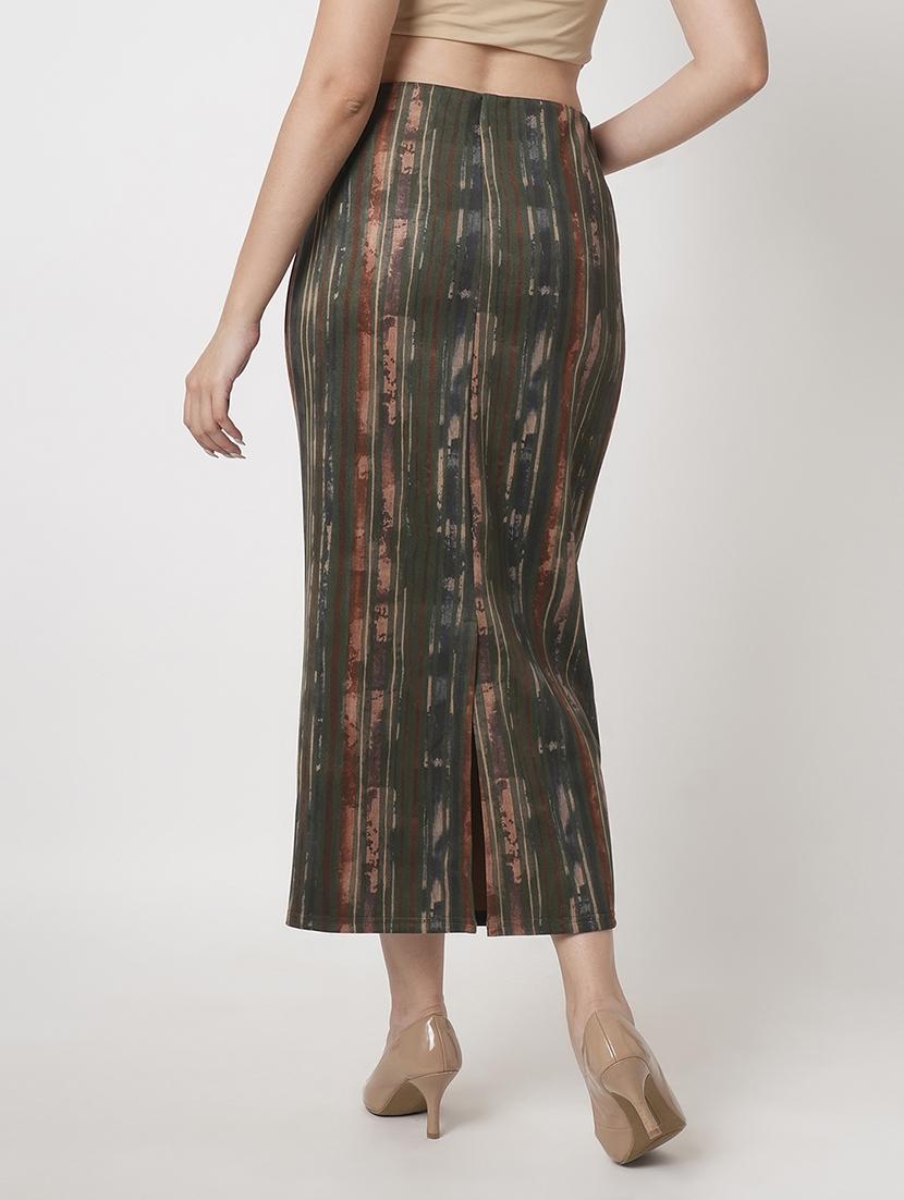 globus women dark olive high rise stretchable hazzy print back slit workwear midi pencil skirt - 21511023 - Standard Image - 3