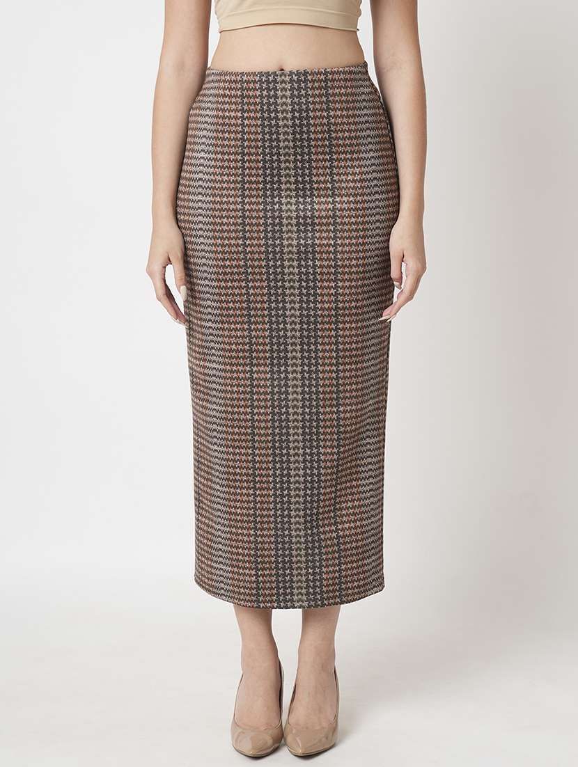 women's multi high rise stretchable hazzy print back slit workwear midi pencil skirt - 21511024 -  Zoom Image - 0