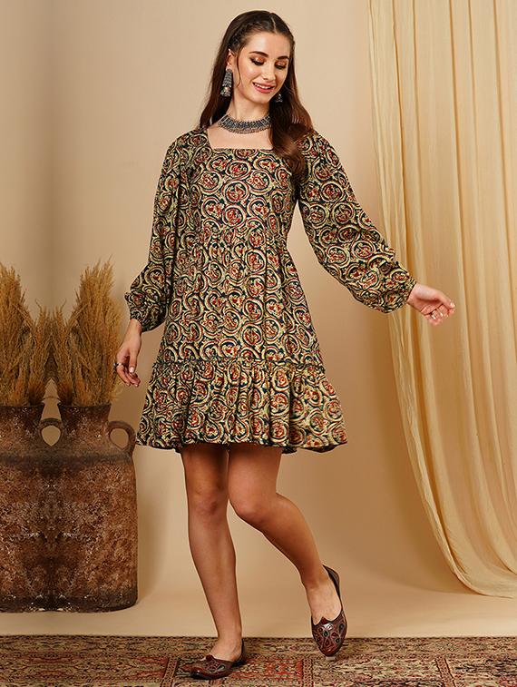women's blue square neck ethnic motifs bishop sleeves fit & flare a-line fusion dress - 21511028 - Zoom Image - 0