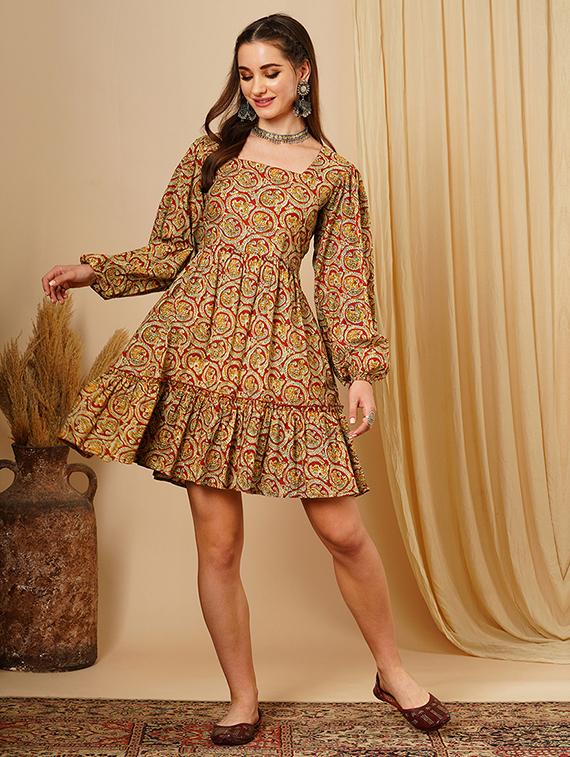 women's maroon square neck ethnic motifs bishop sleeves fit & flare a-line fusion dress - 21511029 - Zoom Image - 0