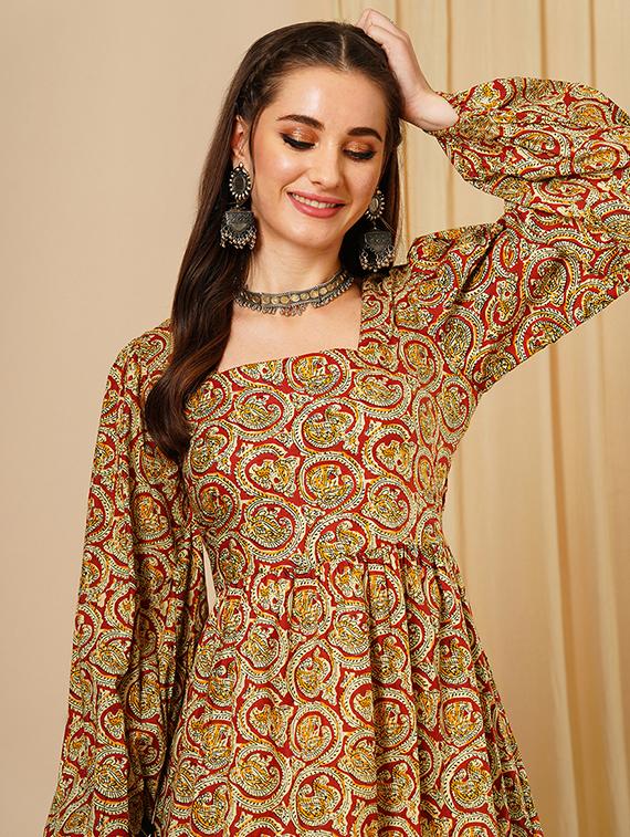 women's maroon square neck ethnic motifs bishop sleeves fit & flare a-line fusion dress - 21511029 - Standard Image - 3