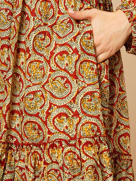 women's maroon square neck ethnic motifs bishop sleeves fit & flare a-line fusion dress - 21511029 - Standard Image - 5