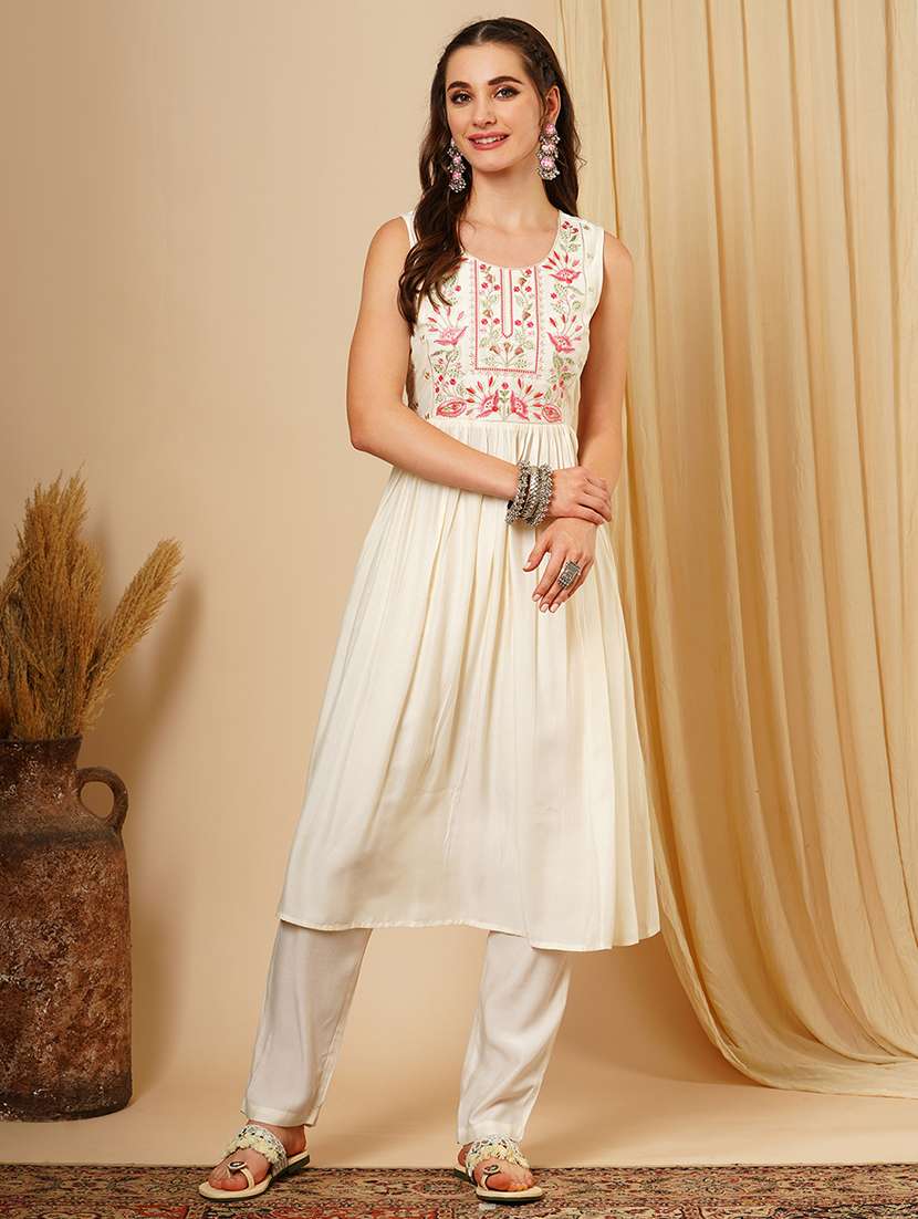 women's white round neck floral embroidered yoke pleated a-line calf length kurta & trouser festive set