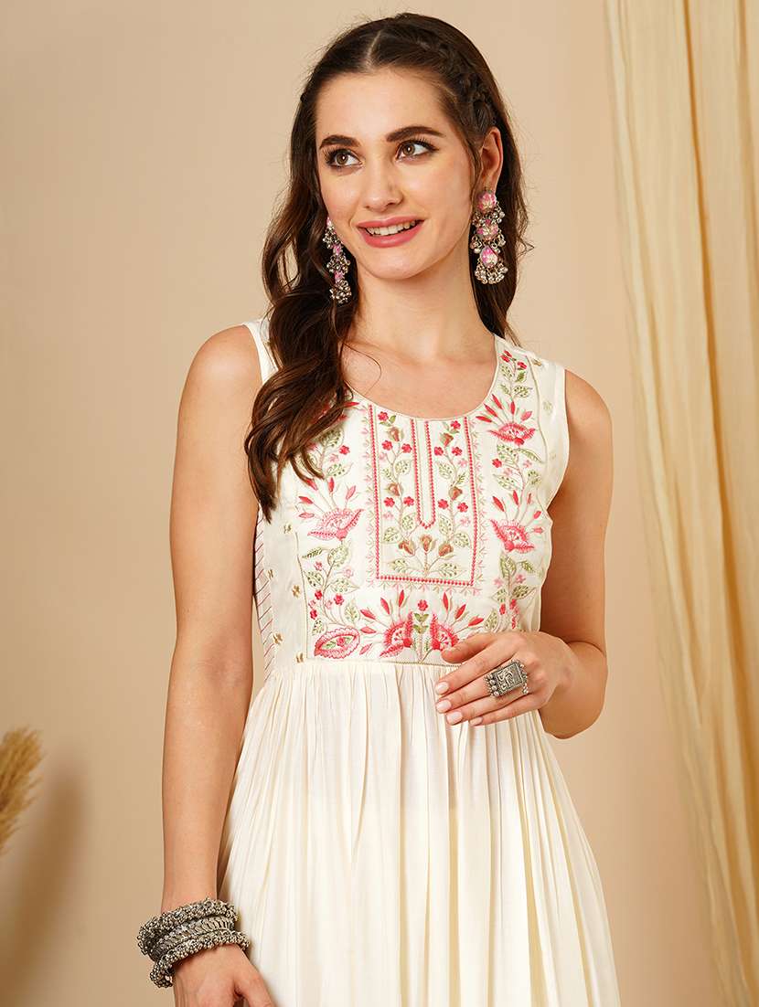 women's white round neck floral embroidered yoke pleated a-line calf length kurta & trouser festive set - 21511031 -  Standard Image - 3