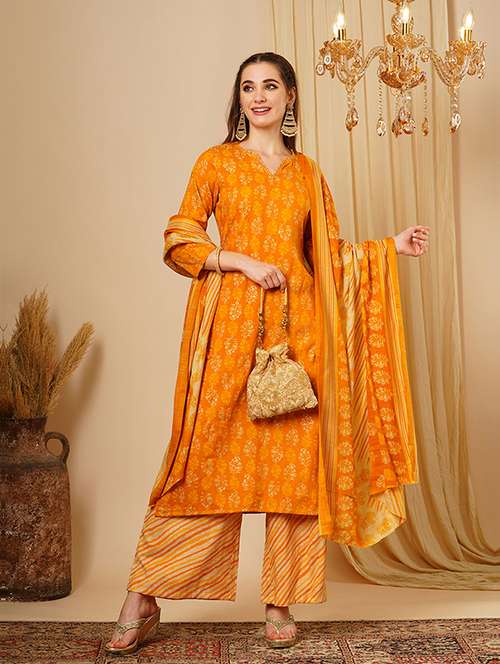 women's mustard allover floral print straight calf length kurta with leheriya print palazzos & printed dupatta workwear set - 21511034 - Standard Image - 0