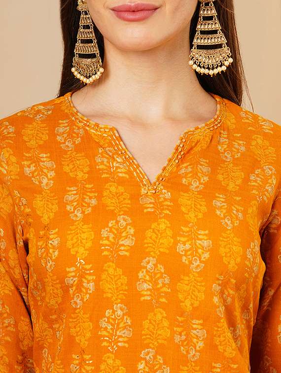 women's mustard allover floral print straight calf length kurta with leheriya print palazzos & printed dupatta workwear set - 21511034 - Standard Image - 3