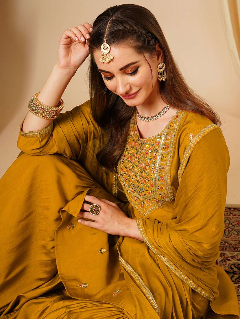 globus women mustard round neck sequinned embroidered yoke straight kurta with gharara & lace dupatta festive set - 21511037 -  Standard Image - 5