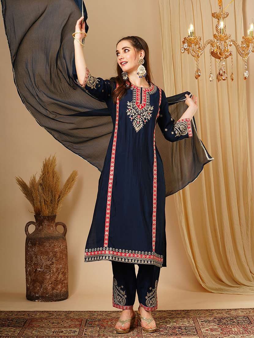 women's navy blue embroidered & gotta lace yoke straight paisley print hem kurta trousers & dupatta festive set - 21511038 -  Standard Image - 3
