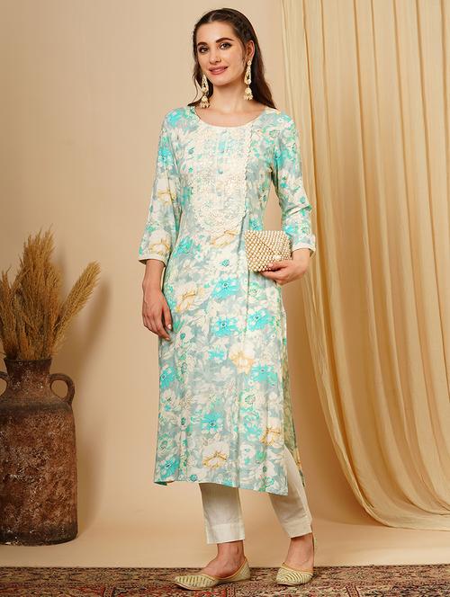 women's green lace & sequin yoke gold foil floral print a-line workwear kurta - 21511046 - Standard Image - 0