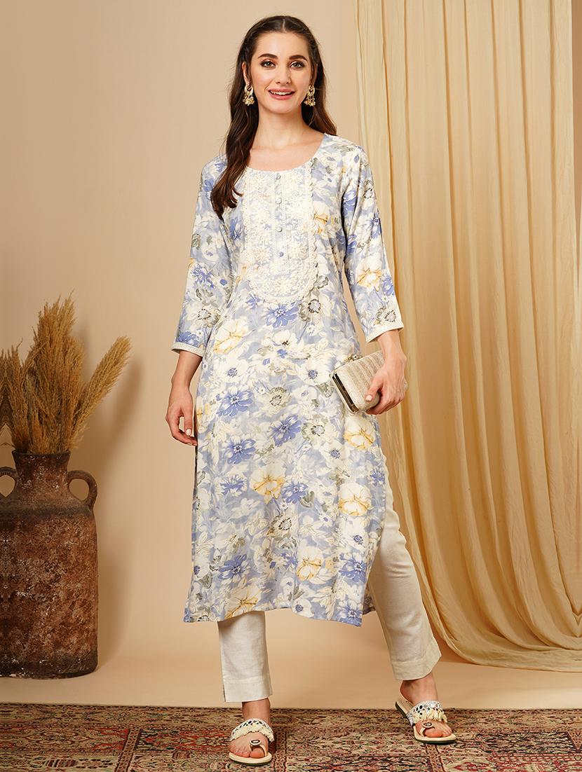 women's blue lace & sequin yoke gold foil floral print a-line workwear kurta - 21511047 - Zoom Image - 0