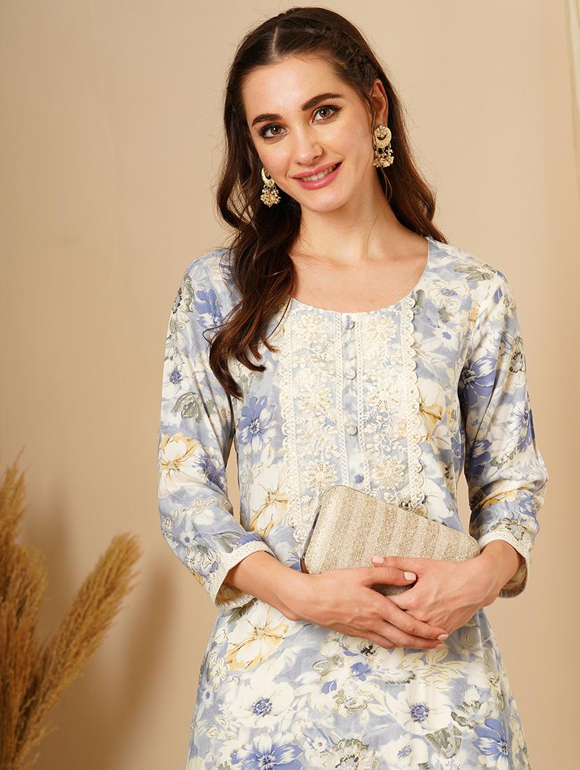 women's blue lace & sequin yoke gold foil floral print a-line workwear kurta - 21511047 - Standard Image - 3