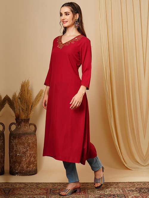 women's rust floral embroidered v-neck a-line workwear kurta - 21511048 -  Standard Image - 0