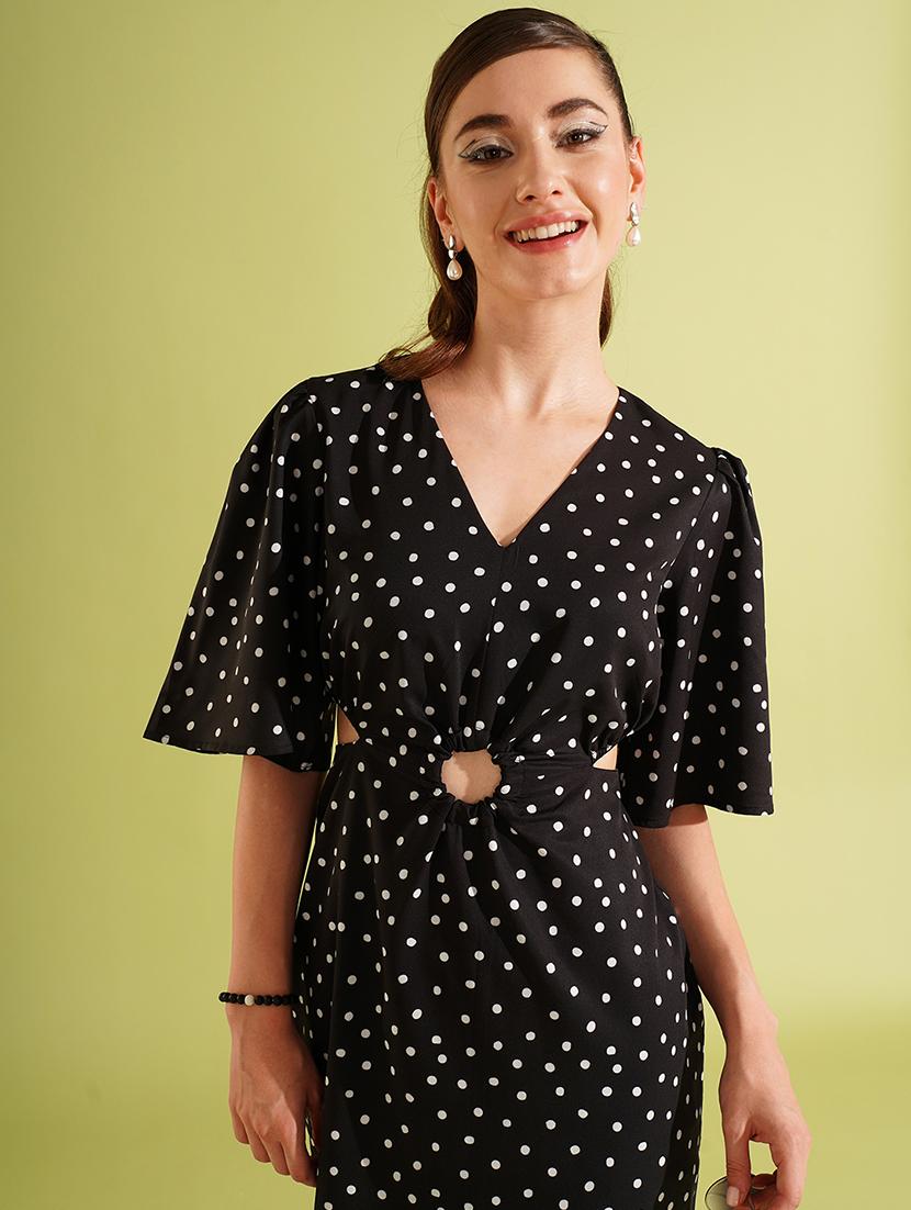 women's black v-neck polka dots cut-out side slit a-line party dress - 21511050 - Standard Image - 3