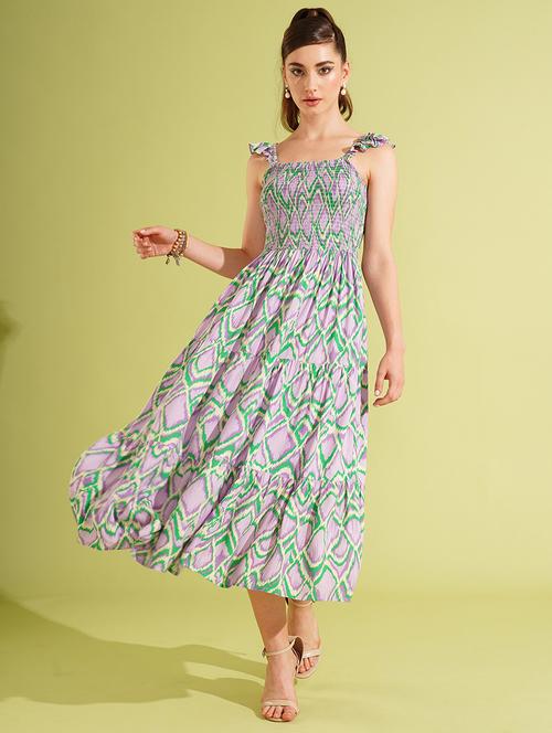 globus women multi-colour abstract print square neck strappy sleeves smocked tiered fit & flare midi dress - 21511052 -  Standard Image - 0