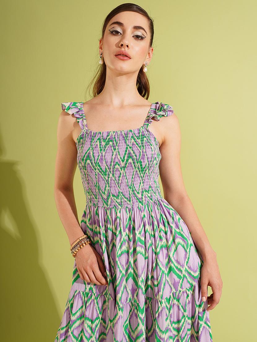 globus women multi-colour abstract print square neck strappy sleeves smocked tiered fit & flare midi dress - 21511052 - Standard Image - 3