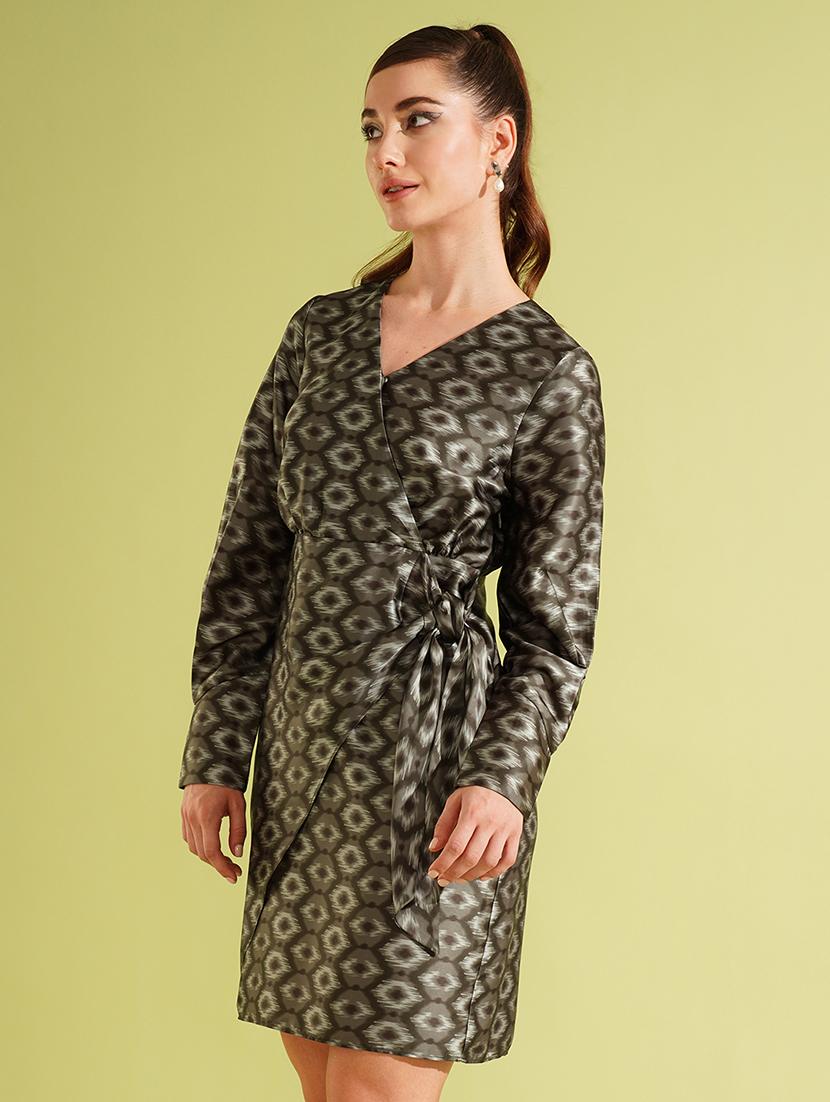 globus women green abstract print v-neck cuffed sleeves wrap tie-up mini party dress - 21511058 - Zoom Image - 0