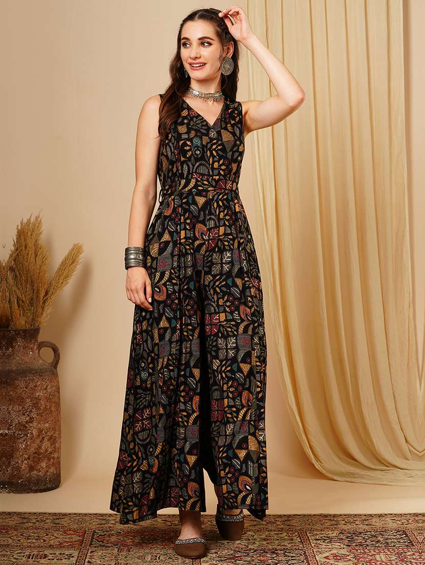 globus women black abstract print wrap v-neck waist tie up flared hem fusion jumpsuit