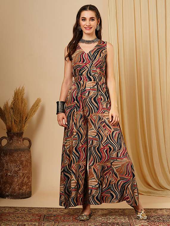 women's multi colour abstract print wrap v-neck waist tie up flared hem fusion jumpsuit