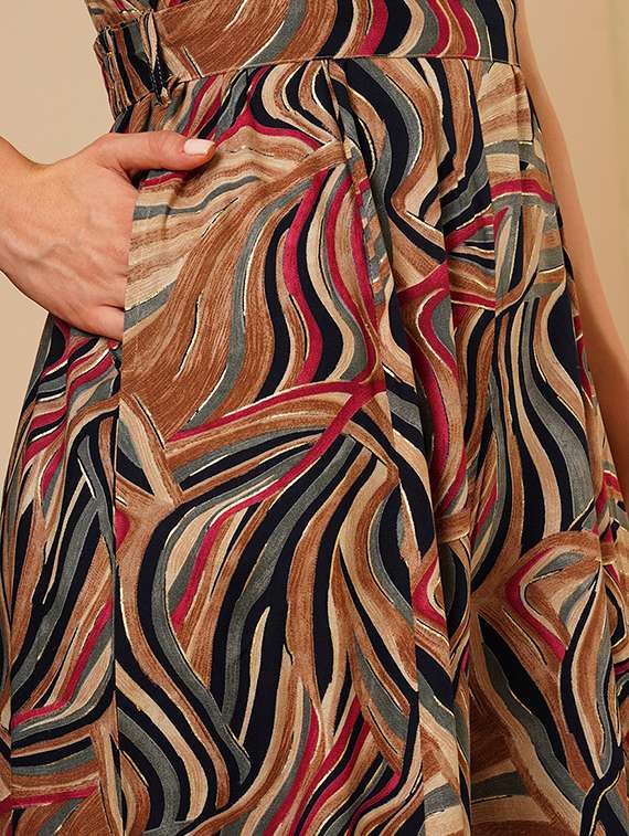 women's multi colour abstract print wrap v-neck waist tie up flared hem fusion jumpsuit - 21511061 -  Standard Image - 5