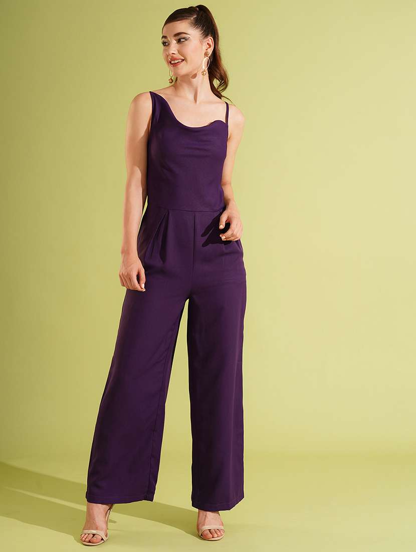 women's purple cowl neck strappy shoulder stylised back long wide leg party jumpsuit - 21511064 -  Zoom Image - 0