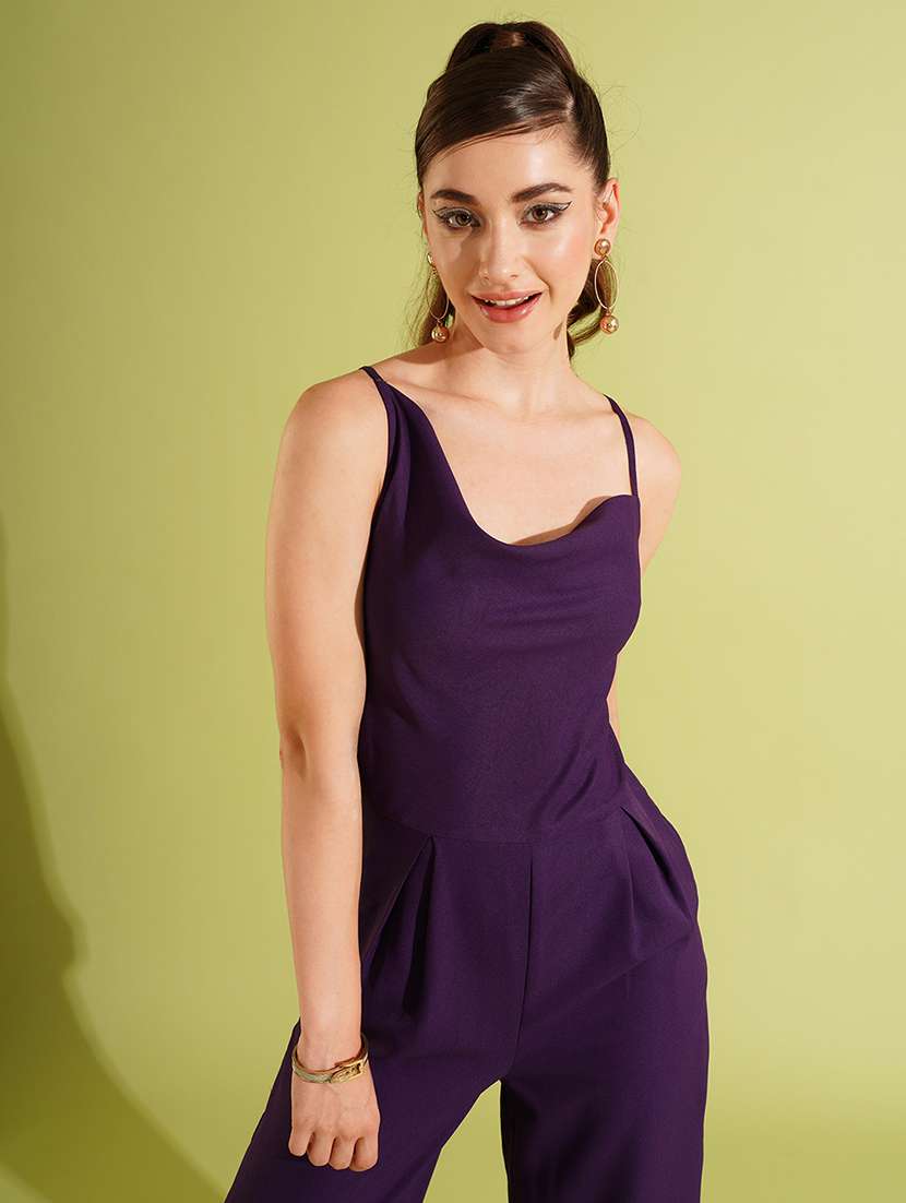 women's purple cowl neck strappy shoulder stylised back long wide leg party jumpsuit - 21511064 - Standard Image - 3