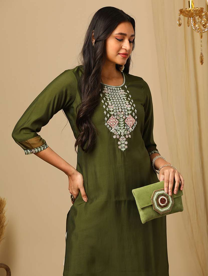 women's green round neck zari embroidered yoke design straight calf length ethnic kurta - 21511685 -  Standard Image - 3